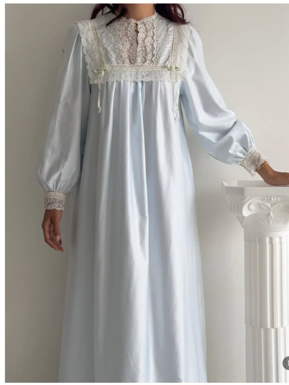 VTG 70s CHRISTIAN DIOR Lace Rosette Nightgown in Baby Blue  SZ M - Picture 2 of 14